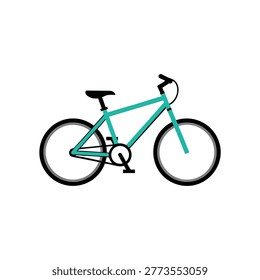 A simple flat vector design of a modern turquoise mountain bike with black wheels, seat, and handlebars isolated on a clean white background.