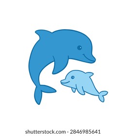 A simple flat vector drawing of a blue mother dolphin and a smaller light blue baby dolphin, depicting love and family in the ocean.