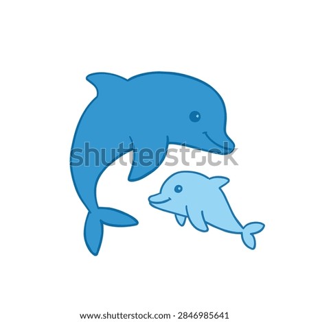 A simple flat vector drawing of a blue mother dolphin and a smaller light blue baby dolphin, depicting love and family in the ocean.