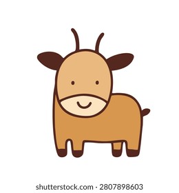 A simple flat vector drawing of a cute brown goat with small horns and a happy expression isolated on a white background