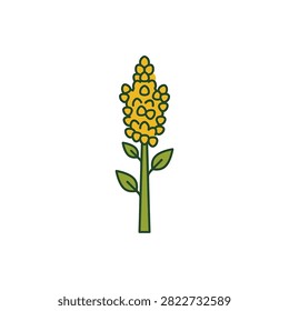 A simple flat vector drawing of a flowering plant with a yellow inflorescence and green leaves on a white background