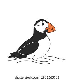 A simple flat vector drawing of a puffin with black and white feathers and an orange beak, floating on stylized water waves.