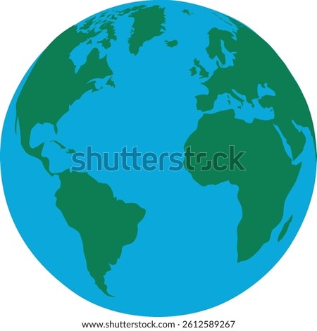  Simple flat vector Earth globe with green continents and blue oceans. Great for environmental, educational, and geographic themed projects. Minimal Flat Earth Globe Vector with Green Continents.