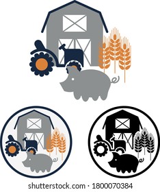 Simple flat vector farming illustration. Round logo or icon with silhouettes of pig, tractor, barn and spikelets of wheat. Agriculture concept