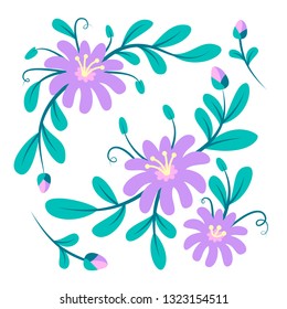 Simple flat vector floral illustration. Flowers and leaves