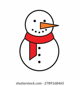 A simple flat vector graphic of a cartoon snowman with a carrot nose, black coal eyes and buttons, and a bright red scarf on a white background