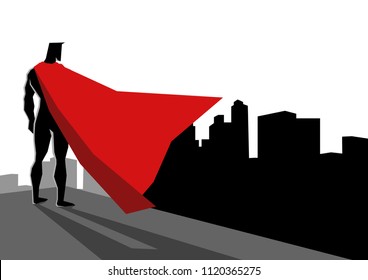 Simple flat vector graphic illustration of a superhero standing on the edge of high building