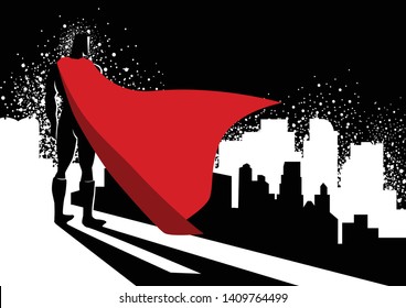 Simple flat vector graphic illustration of a superhero standing on the edge of high building