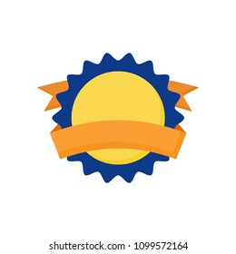 Simple flat vector graphic label template, icon. Yellow and blue sticker, label with orange ribbon.