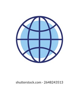 A simple flat vector graphic of a light blue globe with a dark blue grid against a White Background.
