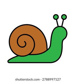 A simple flat vector graphic of a snail isolated on a white background featuring a green body and a spiraled brown shell with antennae