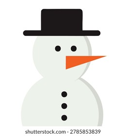 A simple flat vector graphic of a snowman featuring a carrot nose, black coal eyes and buttons, and a black top hat on a plain background