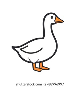 A simple flat vector graphic of a standing goose with orange beak and feet on a plain white background