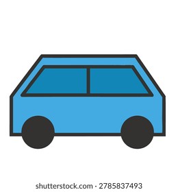 A simple flat vector icon of a blue car with black wheels and windows isolated on a white background.