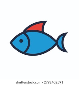 A simple flat vector icon of a blue fish with a red fin and a bold outline, isolated on white background