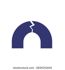 A simple flat vector icon of a blue arched shape that is cracked or broken in the middle on a white background