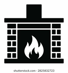 A simple flat vector icon of a brick fireplace with a burning fire.