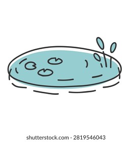 A simple flat vector icon of a circular pond featuring aquatic plants like lily pads and cattails in a stylized cartoon aesthetic.