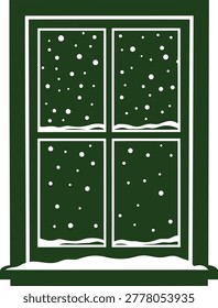 A simple flat vector icon of a classic four-pane window in dark green, featuring falling snowflakes and snow accumulation on the sills, winter theme.
