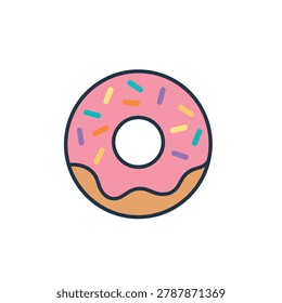 A simple flat vector icon of a classic donut with pink icing and multicolored sprinkles on a white background