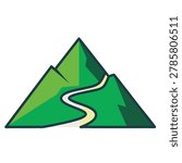 A simple flat vector icon depicting a green mountain range featuring a winding path leading upwards, stylized design isolated on white background