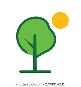 A simple flat vector icon depicting a green stylized tree with a branch and a bright yellow sun circle isolated on a plain background.