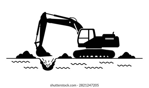 A simple flat vector icon depicting a heavy machinery excavator machine digging into the ground creating a ditch or trench in a construction site environment