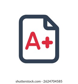 A simple flat vector icon displaying A plus grade result. It is set against a White Background.