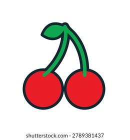 A simple flat vector icon featuring two bright red cherries attached to green stems with a single leaf against a white background