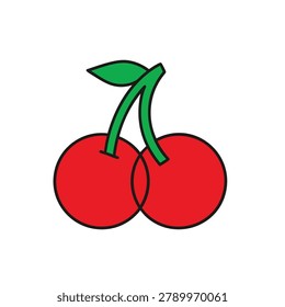 A simple flat vector icon featuring two bright red cherries attached to a single green stem with a small green leaf on a plain white background