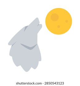 A simple flat vector icon featuring a stylized grey wolf silhouette howling towards a circular yellow moon against a white background