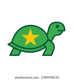 A simple flat vector icon of a green turtle featuring a bright yellow star symbol on its shell against a white background.