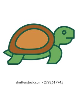 A simple flat vector icon of a green turtle with a brown shell isolated on a white background
