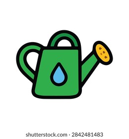 A simple flat vector icon of a green watering can with a blue water drop symbol, isolated on a white background.