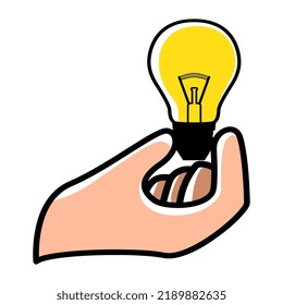 Simple flat vector icon of hand holding a light bulb, ideas, creativity concept