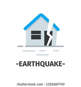 Simple flat vector icon with house destroyed by earthquake and text. Dangerous catastrophe. Natural disaster