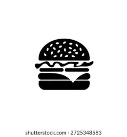 Ilustración simple de un icono de Vector plano de una hamburguesa de queso con bollo de semillas de sésamo, queso, lechuga y una empanada. Fondo transparente.