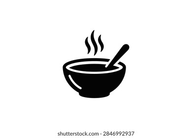 A simple flat vector icon illustration of a bowl filled with hot soup with steam rising and a spoon inside isolated on a white background