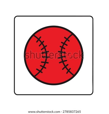 A simple flat vector icon illustration of a red baseball featuring classic black stitching details isolated on a white square frame.