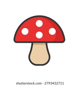 A simple flat vector icon of a red toadstool mushroom with white spots and a beige stem on a white background.
