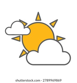 A simple flat vector icon representing a partly cloudy weather condition featuring a bright yellow sun partially obscured by white clouds with grey outlines.