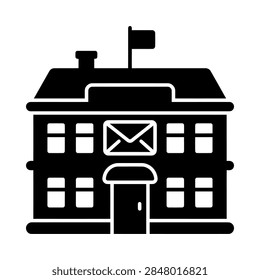 A simple flat vector icon representing a post office building featuring an envelope sign and a flag on the roof