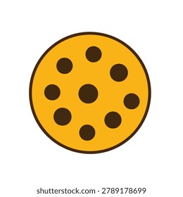 A simple flat vector icon of a round yellow cookie with brown chocolate chips, isolated on a white background.