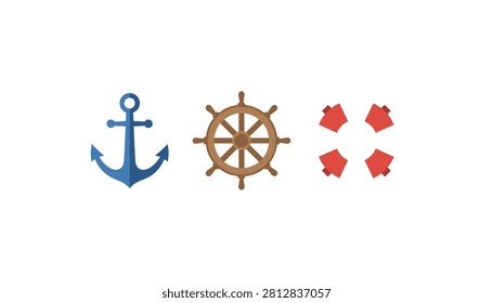 Simple flat vector icon set containing a blue nautical anchor, a brown ships steering wheel, and a red life buoy rescue ring.