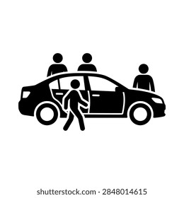 A simple flat vector icon showing a group of people entering or exiting a sedan vehicle representing carpooling or taxi services