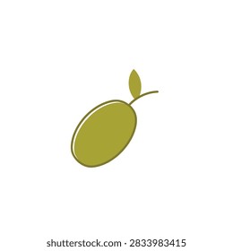 A simple flat vector icon of a single green olive fruit featuring a small leaf attached to the stem isolated on a white background