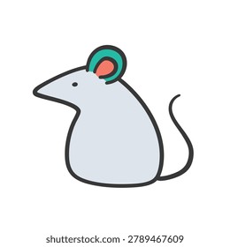 A simple flat vector icon of a small grey mouse with a turquoise ear detail isolated on a white background
