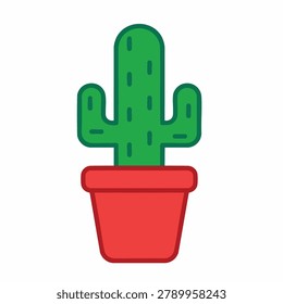 A simple flat vector icon of a stylized green cactus with dark green needles planted in a solid red ceramic pot on a white background