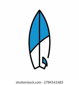 A simple flat vector icon of a surfboard featuring a blue and white design isolated on a plain background
