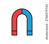 A simple flat vector icon of a U-shaped horseshoe magnet featuring distinct red and blue color sections representing magnetic poles on a white background
